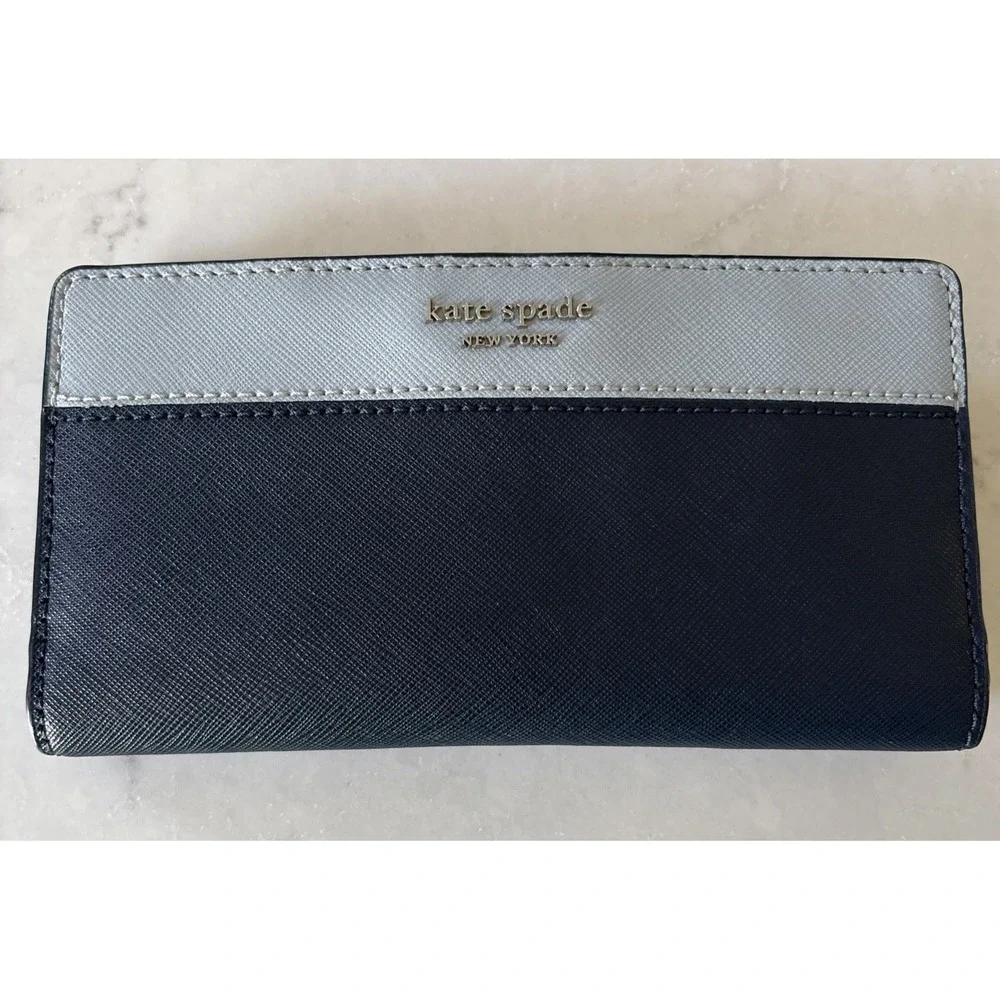 Kate‎ Spade Cameron Leather Large Slim Wallet - Light Blue/Navy Excellent